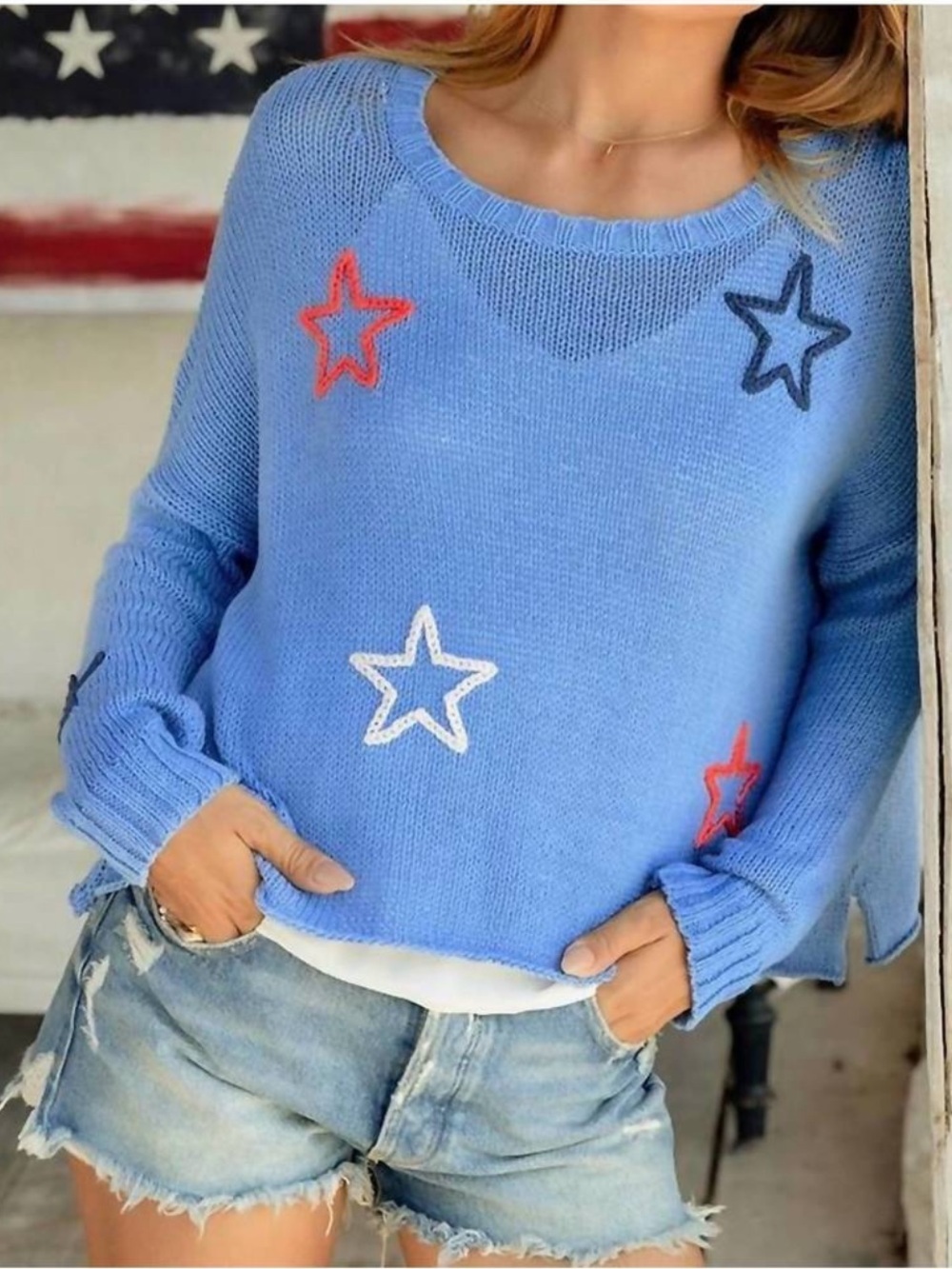 WOODEN SHIPS American Star Crew Knit Sweater Medium blue.